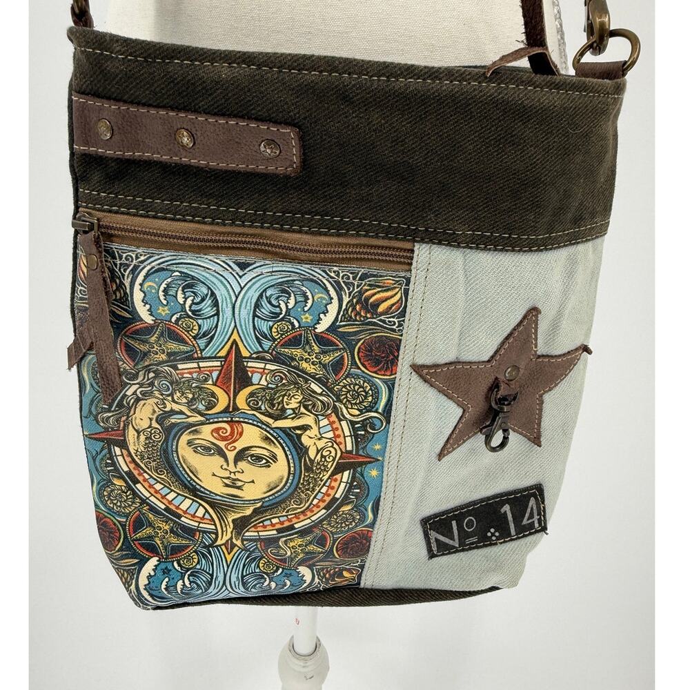 Benjamin International Mermaids Sun Upcycled Canvas Leather Crossbody Bag Boho